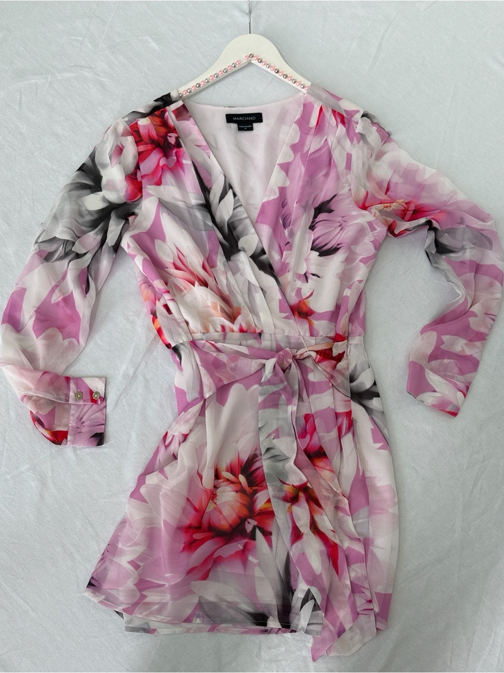 Marciano Pink Floral Sheer Wrap Romper